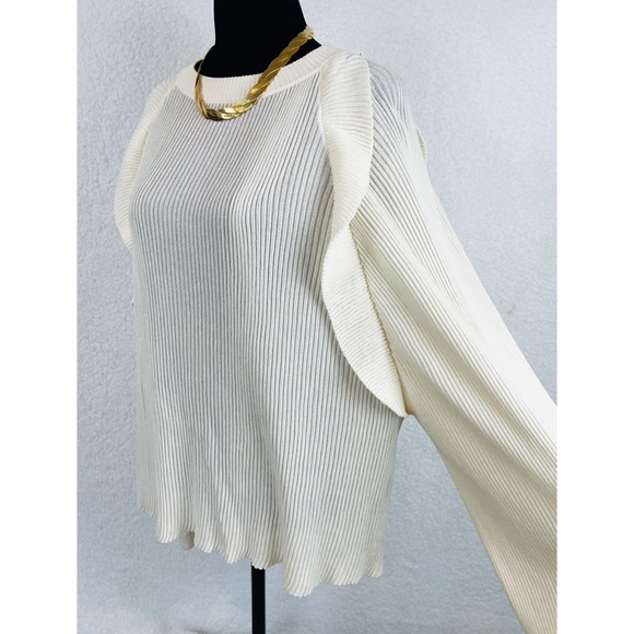 CHLOÉ • Cream Ribbed Ruffle Long Sleeve Silk-Blend Sweater - Picture 6 of 16